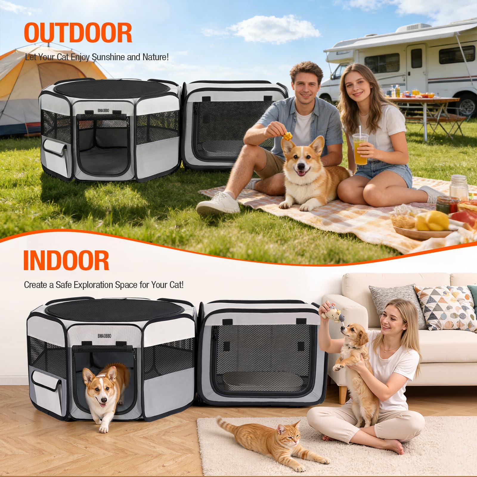 Corralito portátil 2 en 1 para gatos, 48 x 26 x 26 pulgadas, corralito grande para mascotas con caja de arena desmontable, perrera desplegable para interiores y exteriores, para gatos, perros pequeños