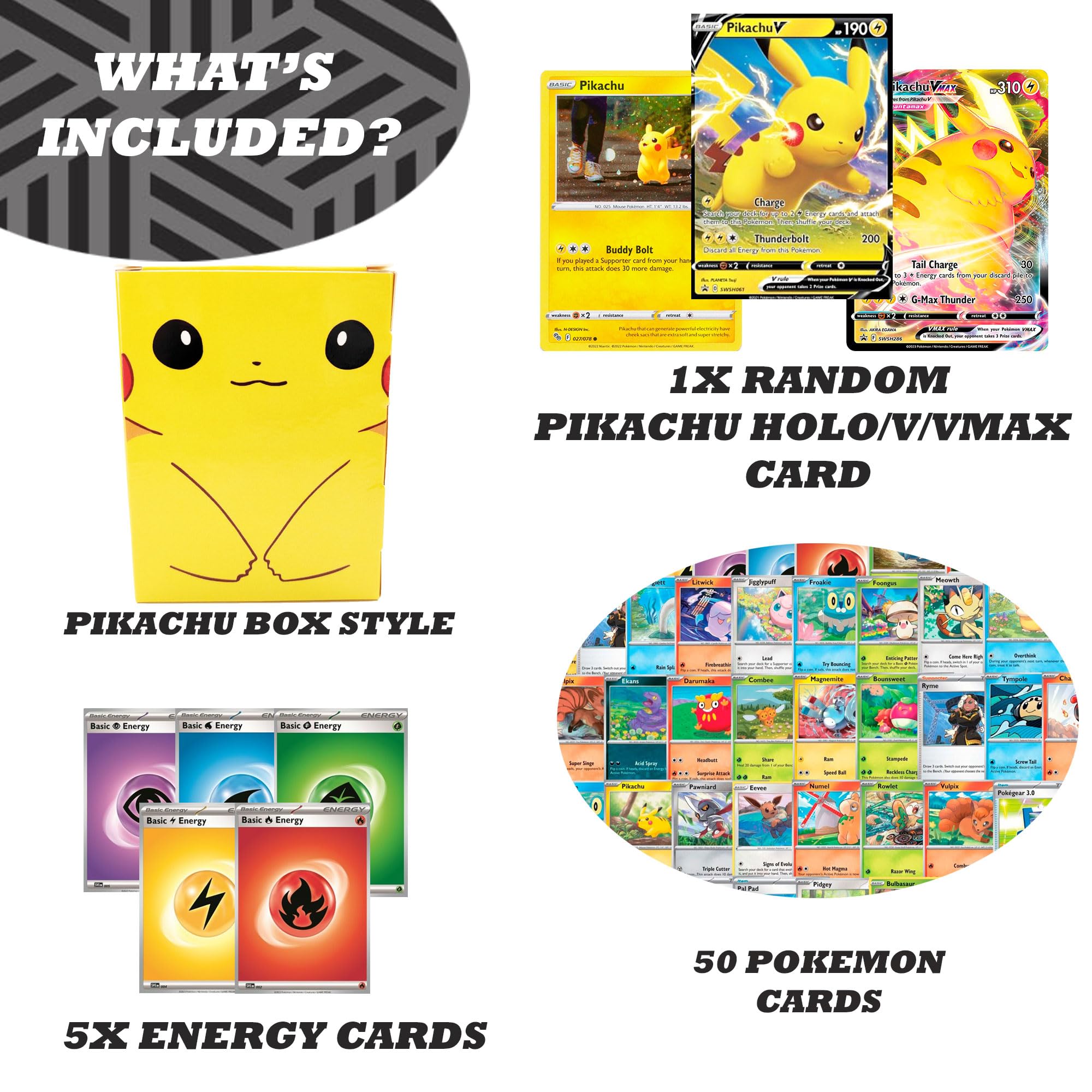 Pack De Cartas Pokémon Con Pikachu Rara – 50 Cartas Oficiales Sin Duplicados, Incluye Pikachu V, VMAX O Holo Rare, En Caja Temática De Pikachu