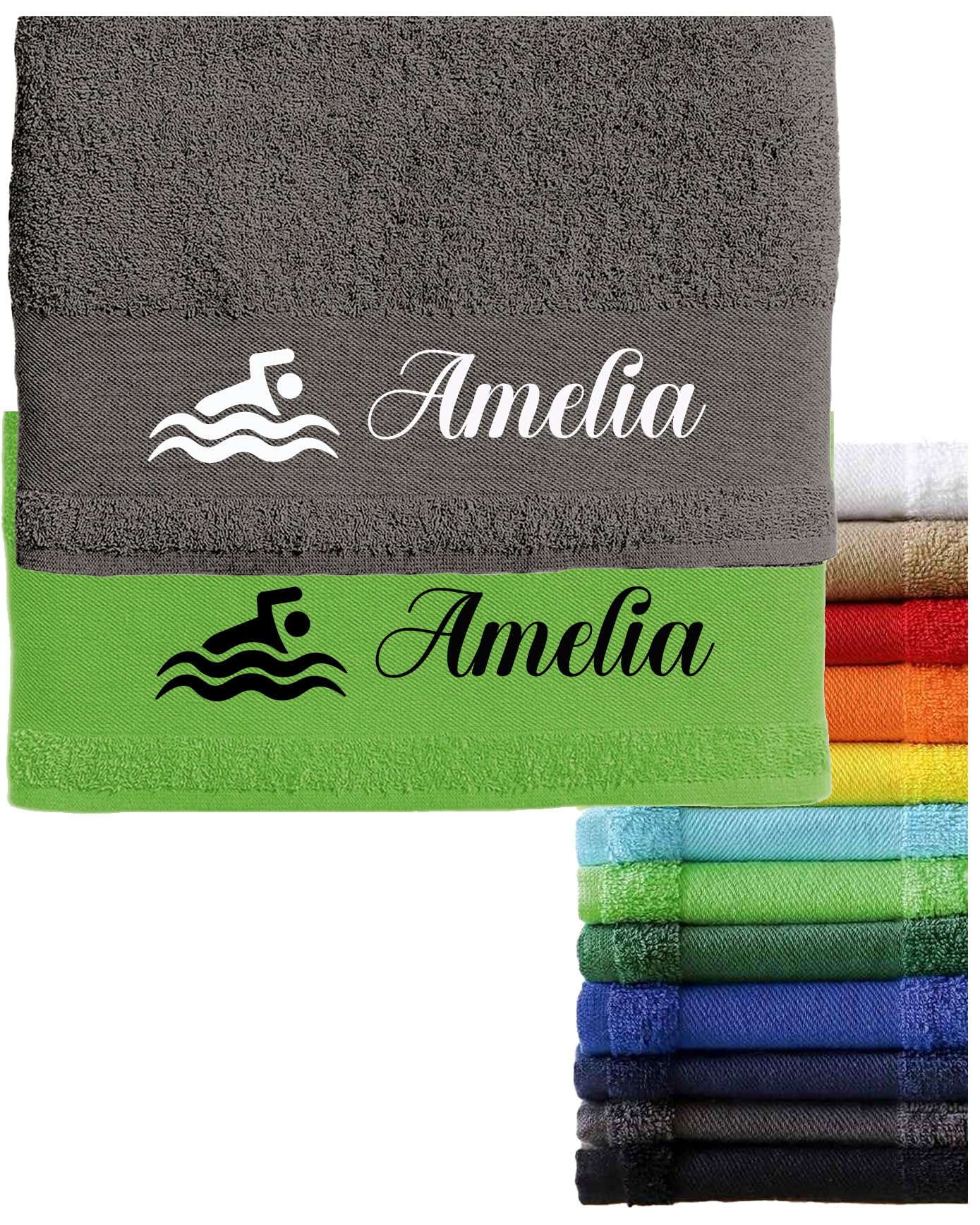 Hoolaroo Personalised Swimming Towel For Kids Boys Girls 10 Colours, Printed Swimmer Design Holiday Swim Club School Beach Towel Summer Bath Sheet Gift 140 x 70cm (Green)