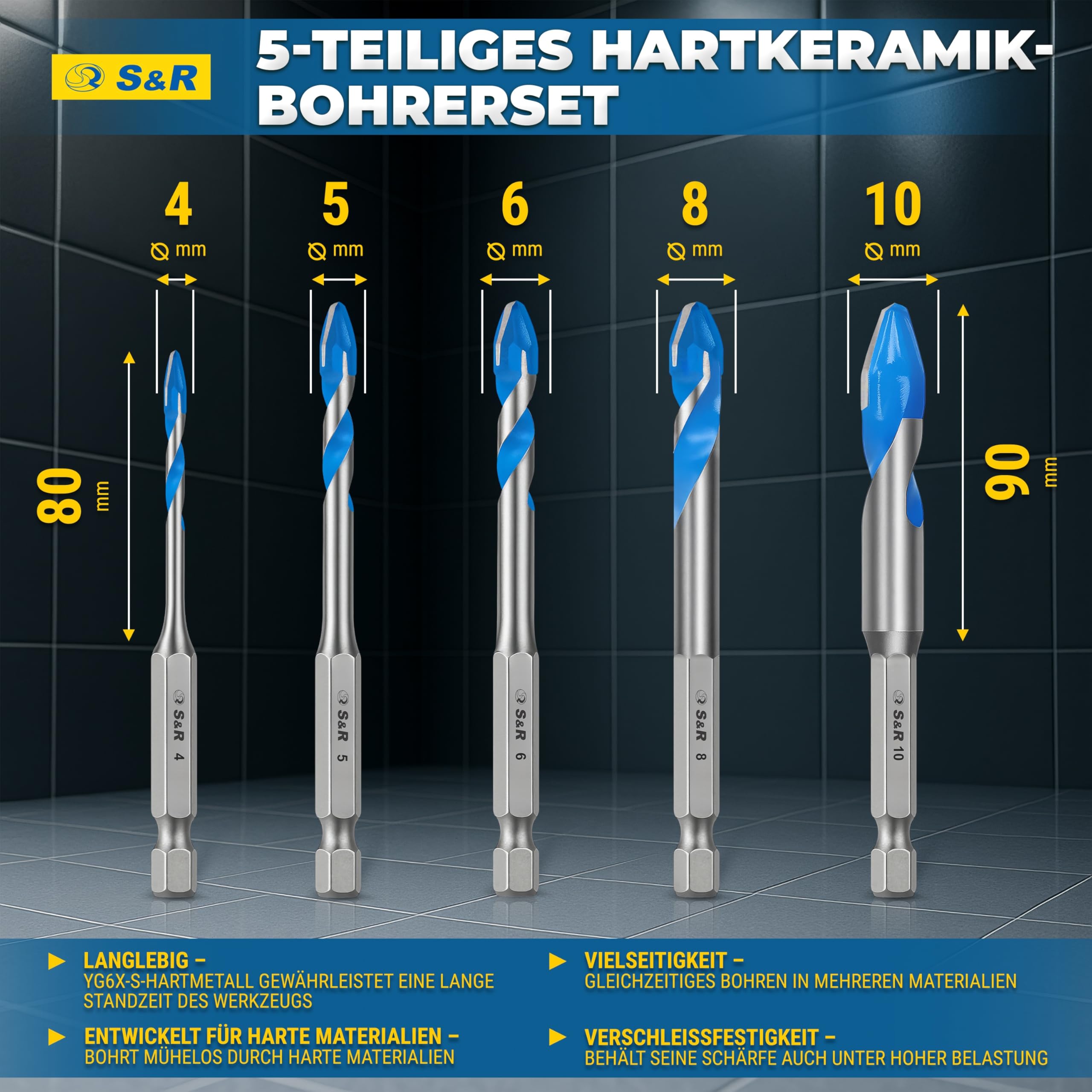 S&R Professional Keramikbohrer Set 5-tlg, Fliesenbohrer 4mm 5mm 6mm 8mm 10mm, für Feinsteinzeug, Keramik, Hartkeramik, Granit, Glas, Marmor, mit Sechskantschaft, Glasbohrer, Profi Fliesen Bohrer Set