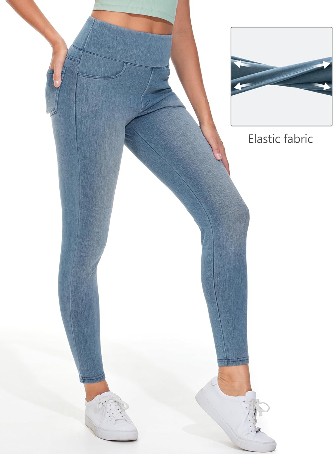 THE GYM PEOPLE Women’s High Waisted Jeggings Pants Stretchy Tummy Control Skinny Jean Leggings with Pockets