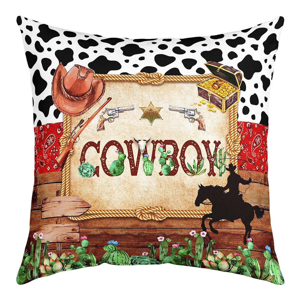 Richhome Multi 15 Western Cowboy Throw Pillow Cover 18X18 Inch Watercolor Green Cactus Exotic Red Paisley Pillow Case For Kids Teens Adults Cowhide Print Rustic Adventure Cushion Cover For Party Chairs