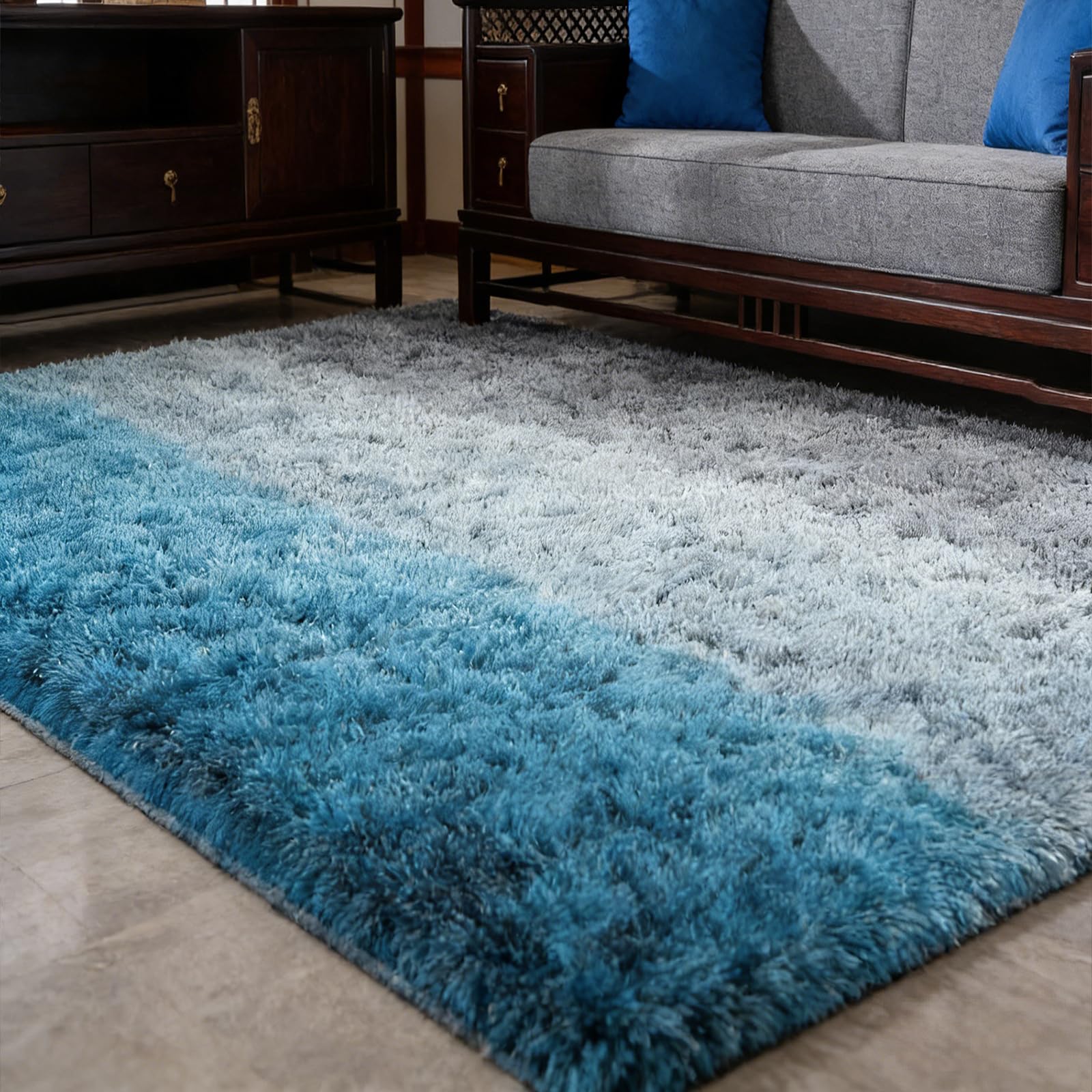 Tapis de salon bleu 170x220 cm grand format antidérapant à poils longs