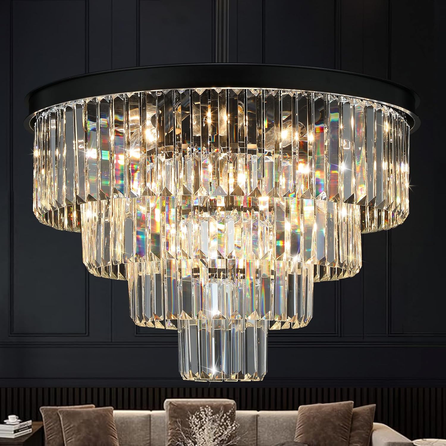 Crystal Chandeliers for Dining Room Lights Fixture Over Table, 15 Lights Black Modern Chandeliers for Living Room, 4-Tier Round Crystal Lighting Fixtures for Bedroom Entryway Kitchen Island D24 Inch