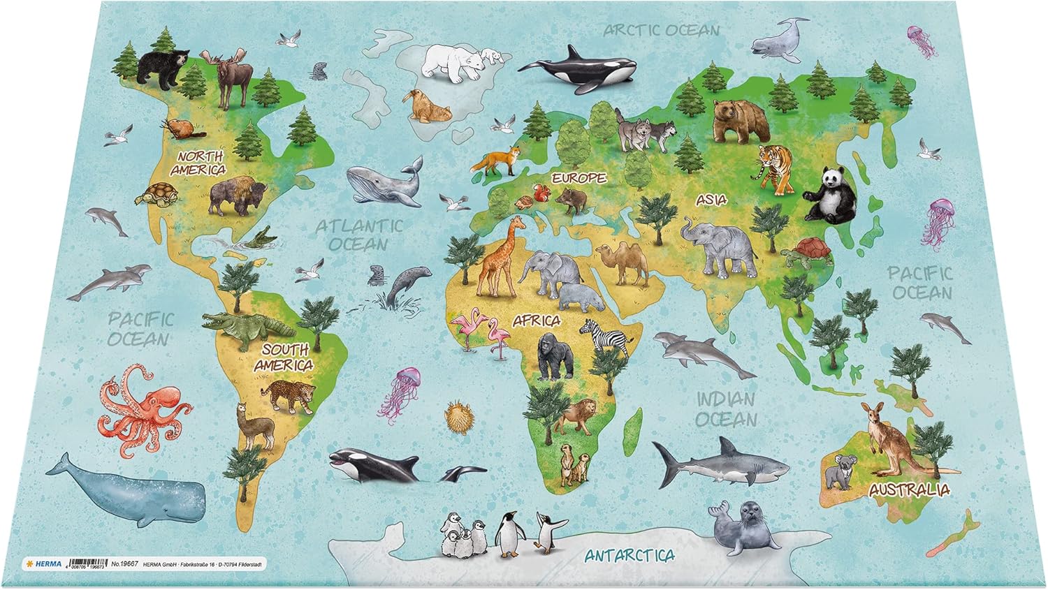 HERMA 19667 Desk Pad Nursery World Map Set of 3 55 x 35 cm Non-Slip Wipe Clean and Desk Mat Printed with Double-Sided Motif Made of Sturdy Cardboard Table Mat for Children