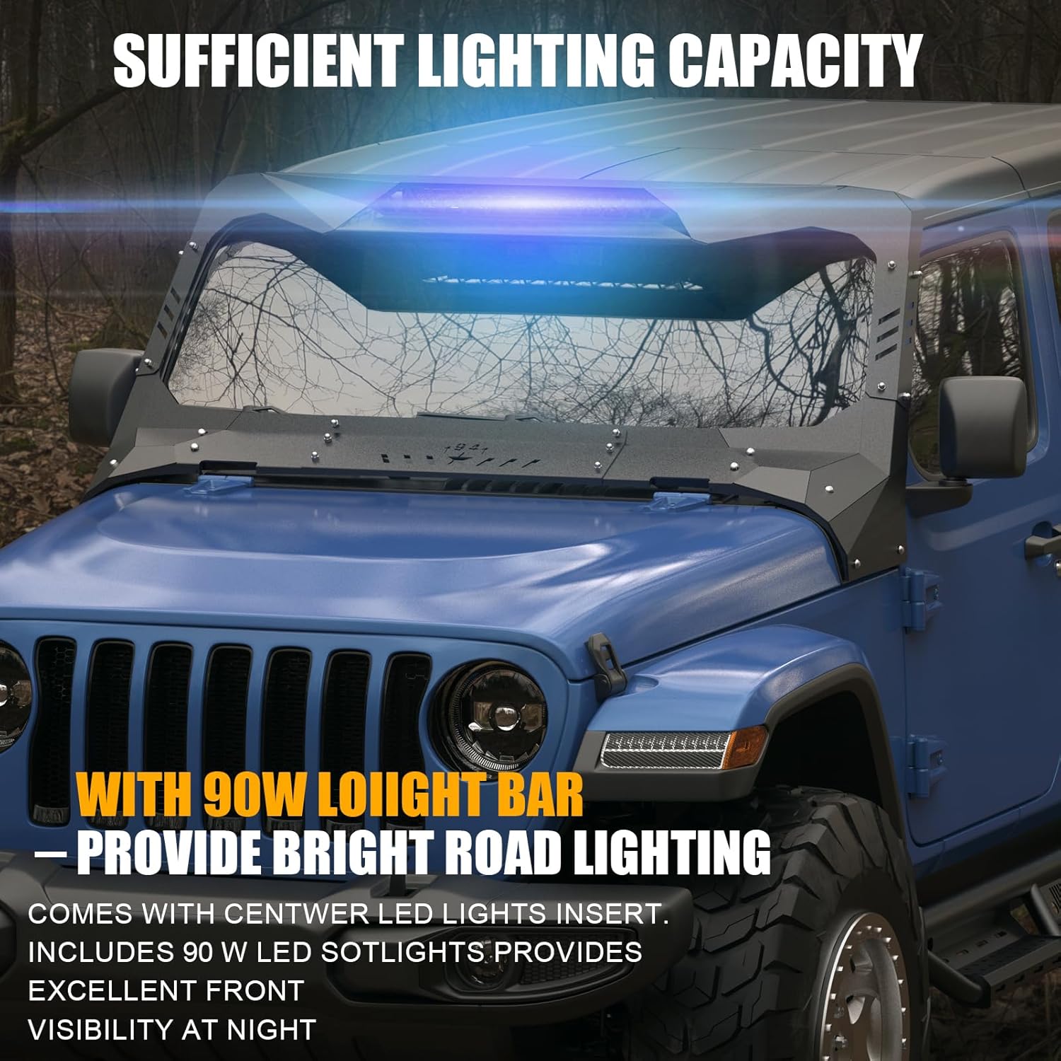 Heavy Duty Front Windshield Frame Cover, Madmax Front Window Visor Cowl A-Pillar Protector Armor with 90W LED Lightbar for Jeep Wrangler JL & Gladiator JT 2018 2019 2020 2021 2022 2023 2024 2025