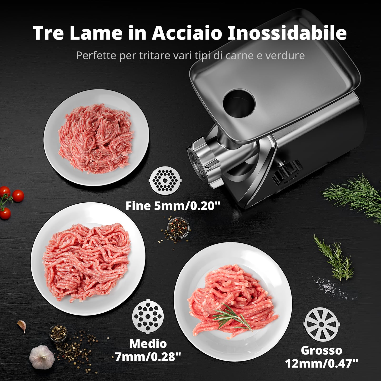 AIRMSEN Tritacarne Elettrico Professionale 2 Lame Acciaio Inox 3 Griglie & Accessori Salsicce Kubbe Motore Silenzioso Pulizia Facile Ideale per Casa (Piccolo) (M)