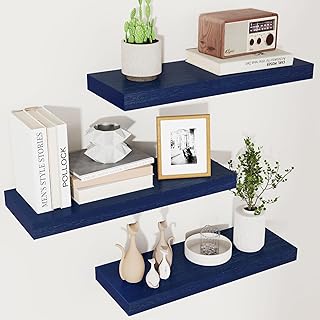 fuqing Blue Floating Shelves for Wall - Wood Wall Shelves Set of 3 - Dar...