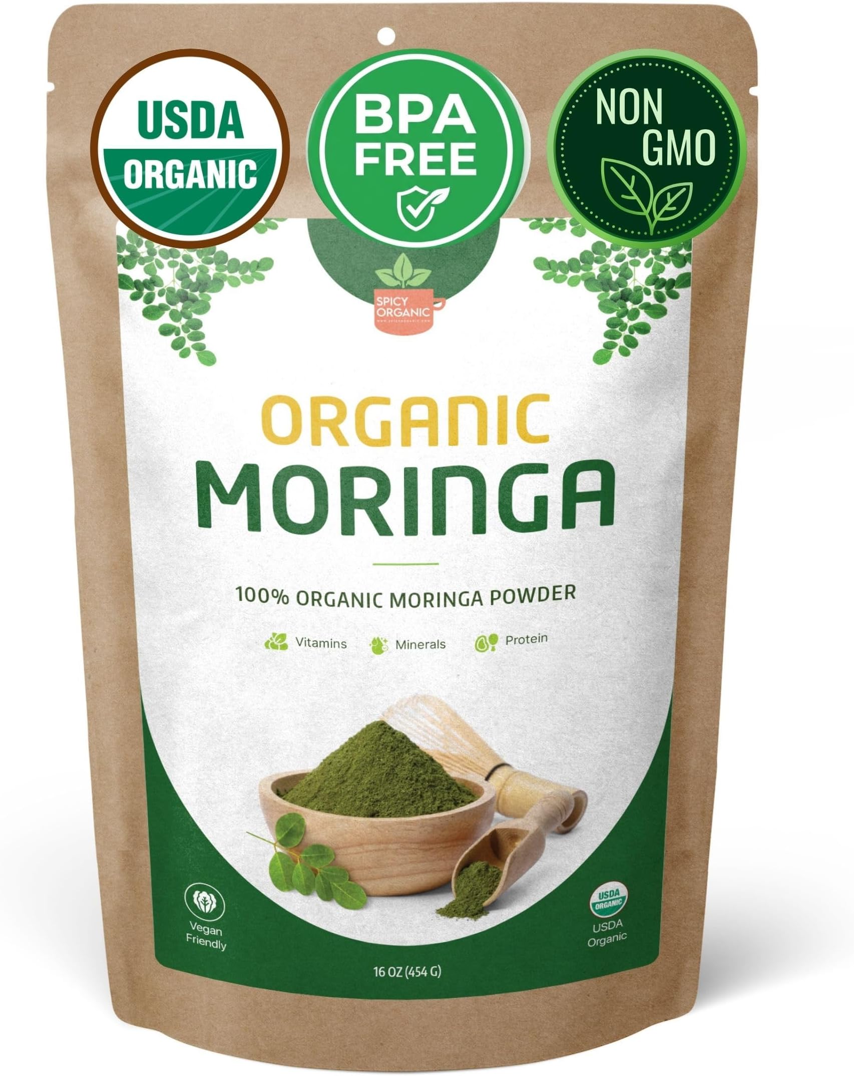 SPICY ORGANIC USDA Certified Organic Moringa Powder 16 oz | Moringa Leaf Powder Organic | Natural Energy, Vegan, Non-GMO, Gluten-Free โ for Smoothies, Teas, Cooking โ Resealable Pouch