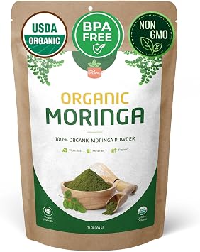 SPICY ORGANIC USDA Certified Organic Moringa Powder 16 oz | Moringa Leaf Powder Organic | Natural Energy, Vegan, Non-GMO, Gluten-Free for Smoothies, Teas, Cooking Resealable Pouch