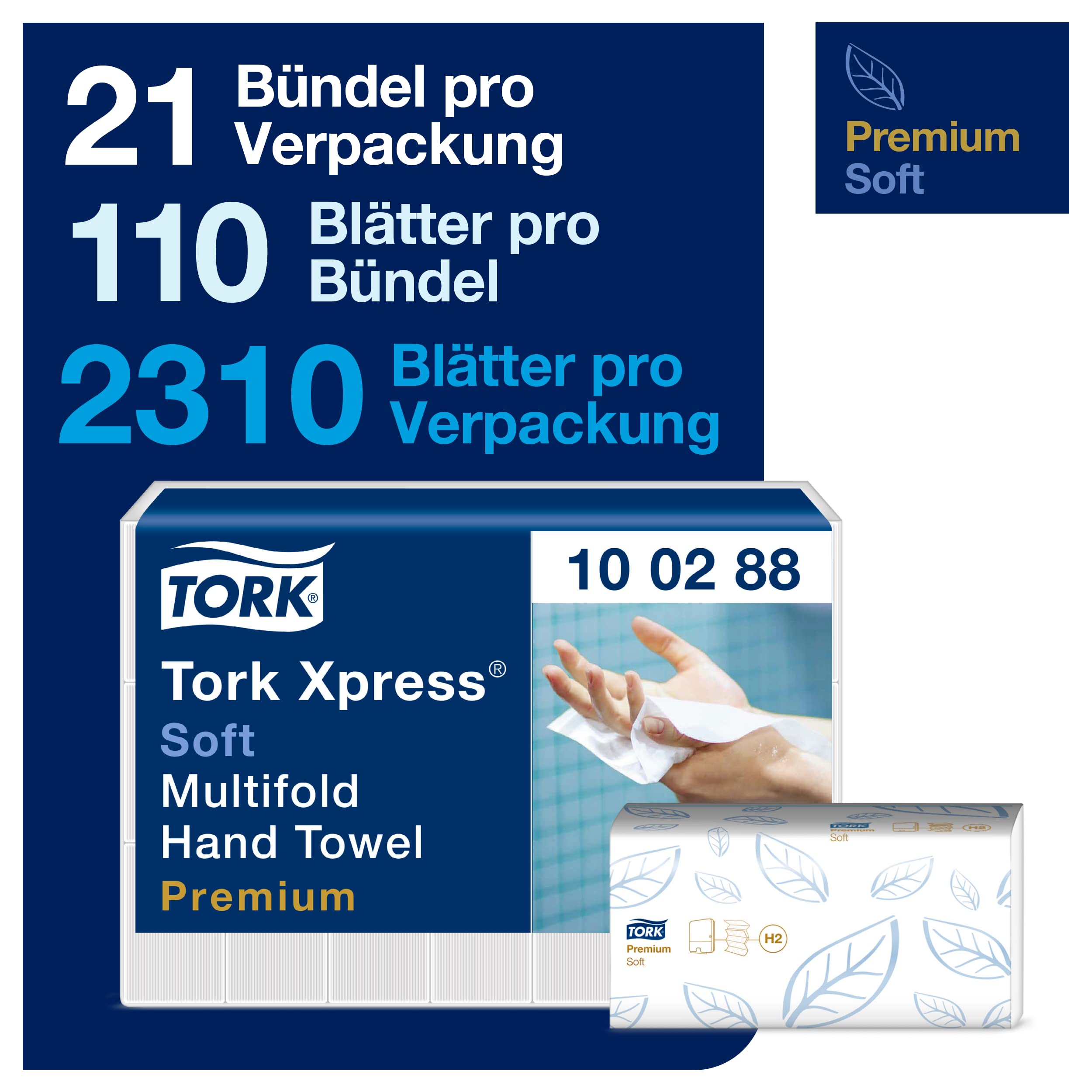 Tork Xpress weiche Multifold Papierhandtücher 100288 - H2 Premium Falthandtücher für Handtuchspender - weich und saugfähig, 2-lagig, weiß - 21 x 110 Tücher