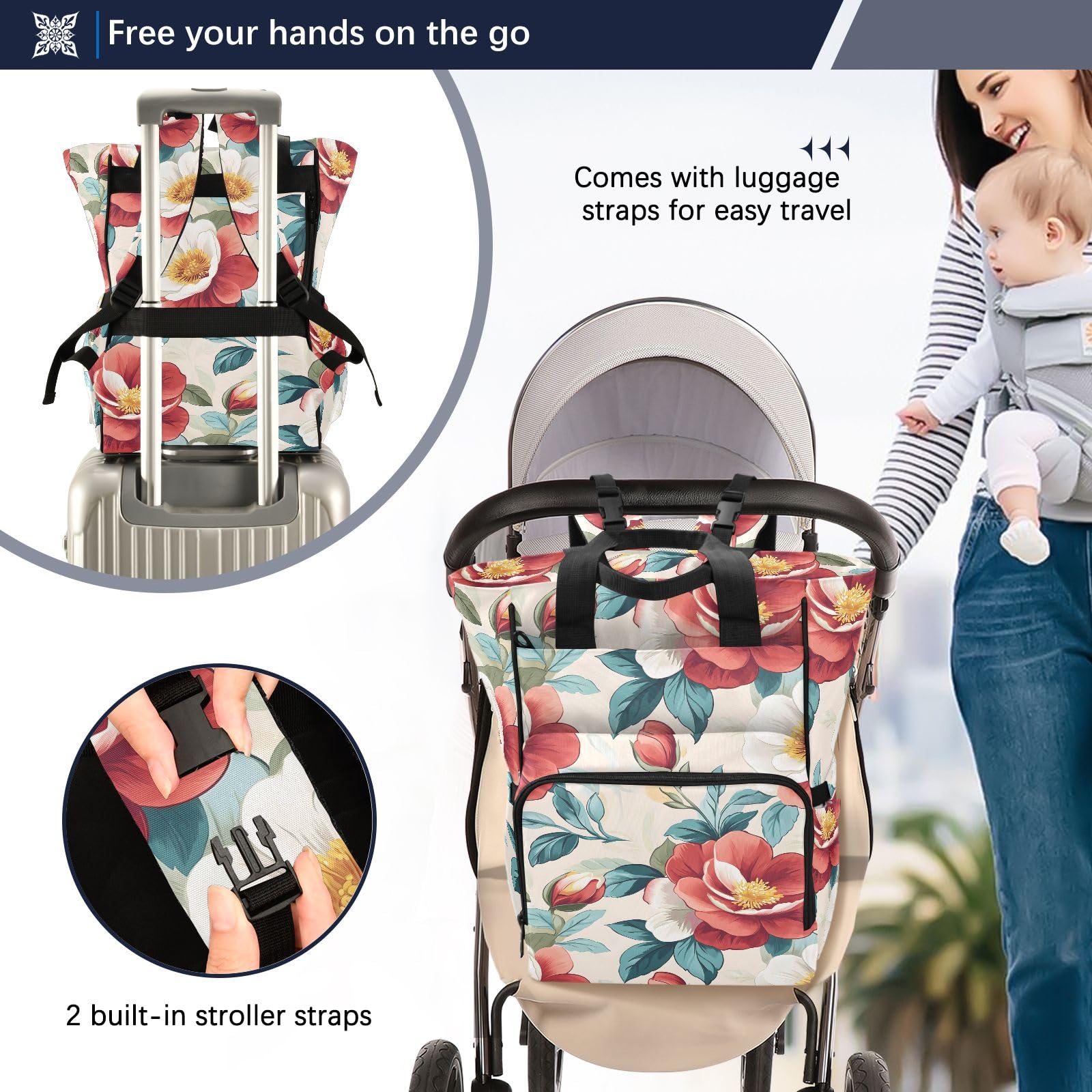 Mnsruu Atractiva mochila para pañales de bebé con patrón floral rojo, bolsa grande, impermeable, bolsas de pañales de viaje para mamás y papás