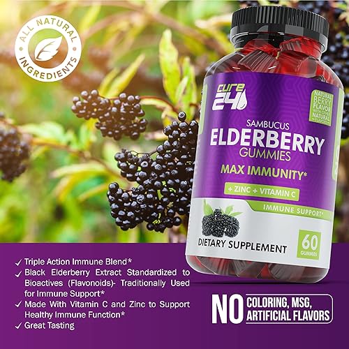 Miniatura 3 de Cure24 Sambucus - Gomitas naturales de saúco con zinc y vitamina C, para niños y adultos, triple apoyo inmunológico, fabricadas en Estados Unidos,