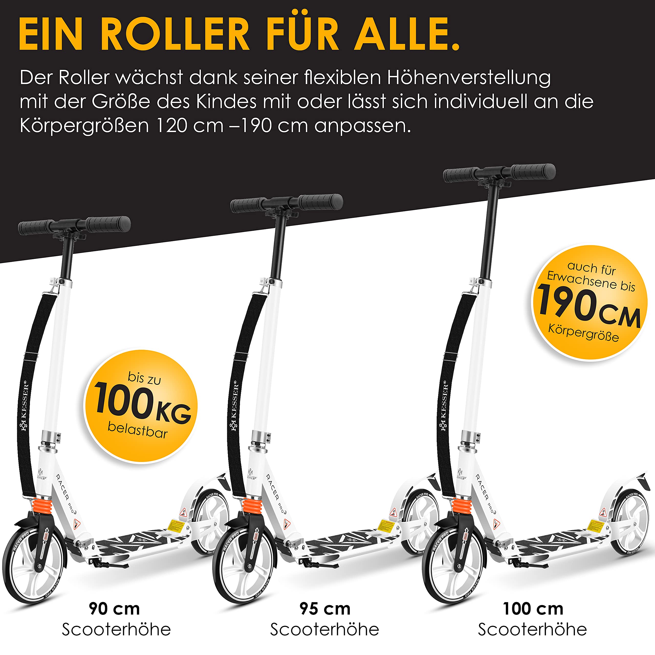 KESSER® City Scooter 205 mm, Ruedas PU Big Wheel - Pro-S Kick Scooter Con Doble Suspensión, Patinete Plegable y Regulable en Altura