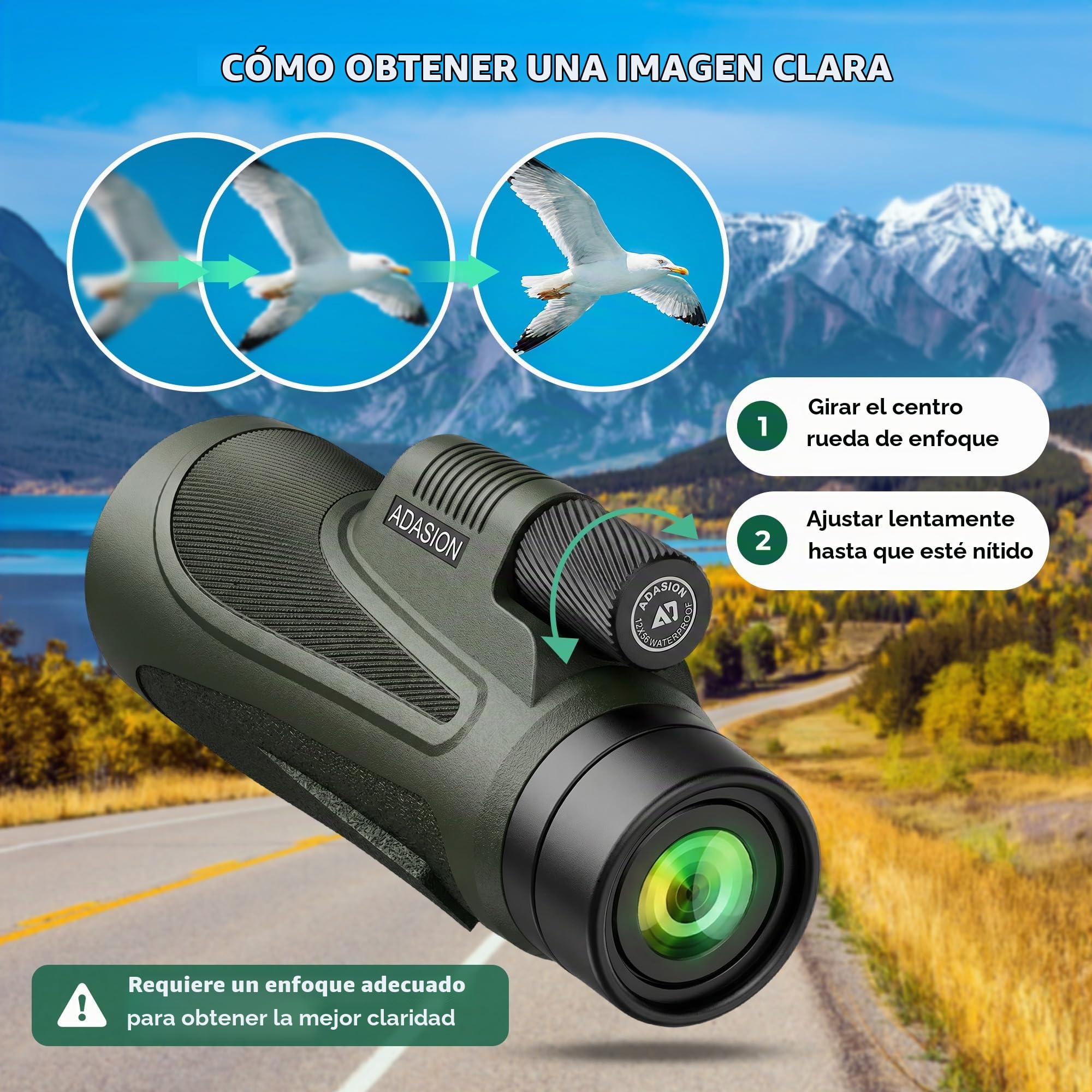 12x56 HD Telescopio Monocular de Alta Potencia para Adultos con Adaptador para Smartphone, Telescopio Monocular de Alta Potencia con Visión Clara con Poca Luz