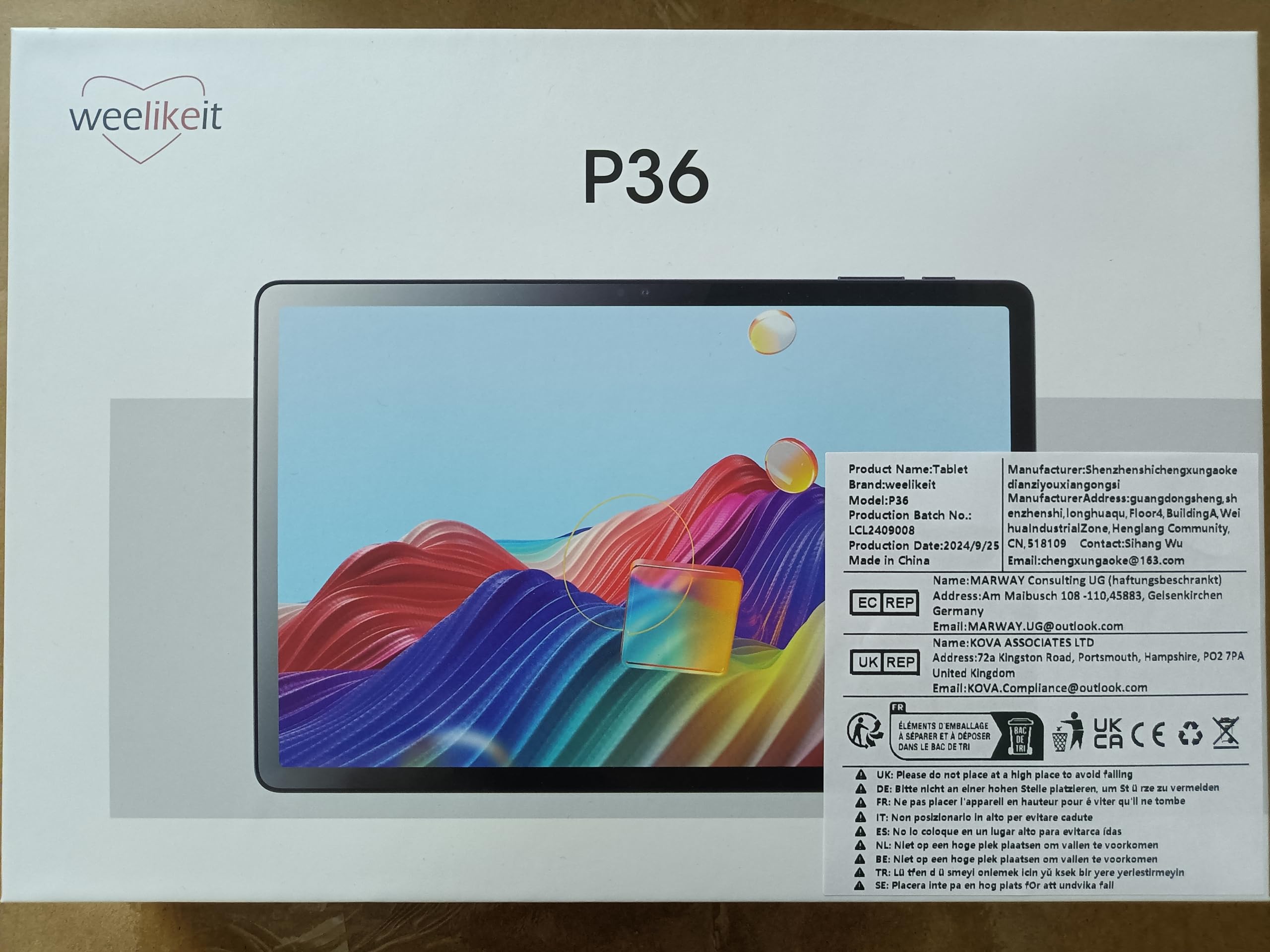 Packaging box for the weelikeit P36 tablet, displaying the tablet's screen on the box.