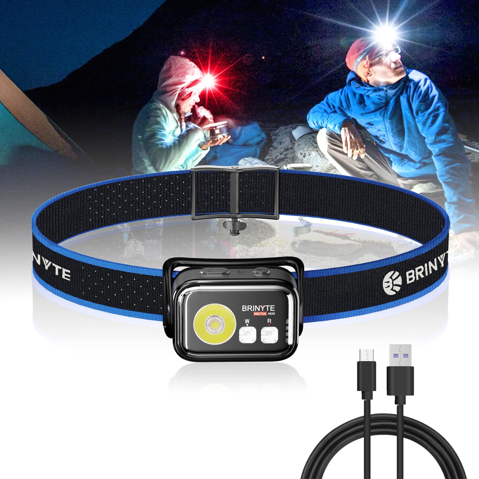 BrinyteHC01 1000 Lumen Rechargeable Headlamp USB-C Dual Power LED Headlight with Red Light AAA Backup, Lightweight Hard Hat Light for Camping Essentials & Hunting Gear