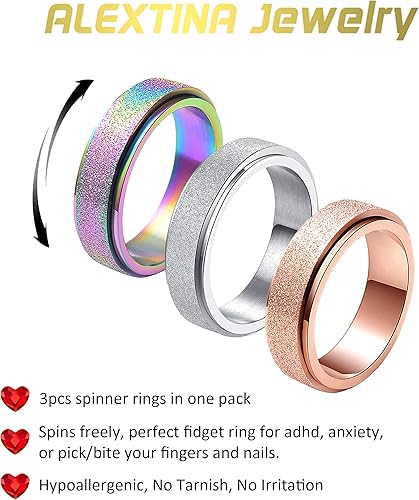 Miniatura 2 de ALEXTINA - Anillo de juguete para ansiedad para mujeres y hombres, giratorio, acero inoxidable, 0.24 y 0.31pulgadas, alivio de ansiedad, para