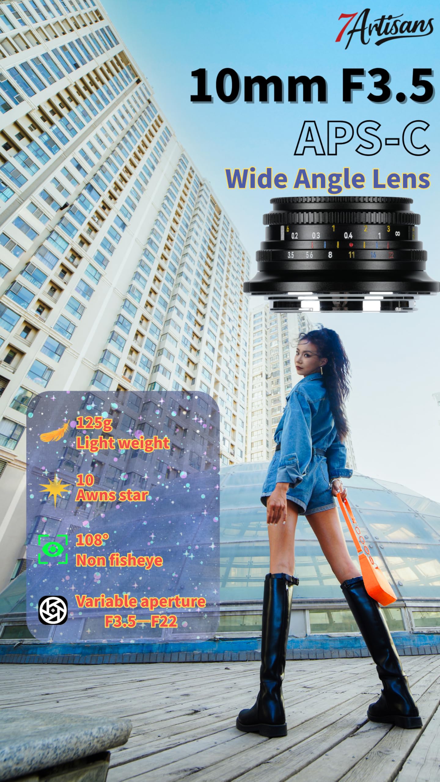 7Artisans 10mm F3.5 ultra grande angolo M43-Mount obiettivo, 108° APS-C messa a fuoco manuale obiettivo, compatibile con M4/3-Mount GH 1, GH 5,GX8, GF1,GF6, GF7, GF8,DC-BGH1 Alpha 7 IV