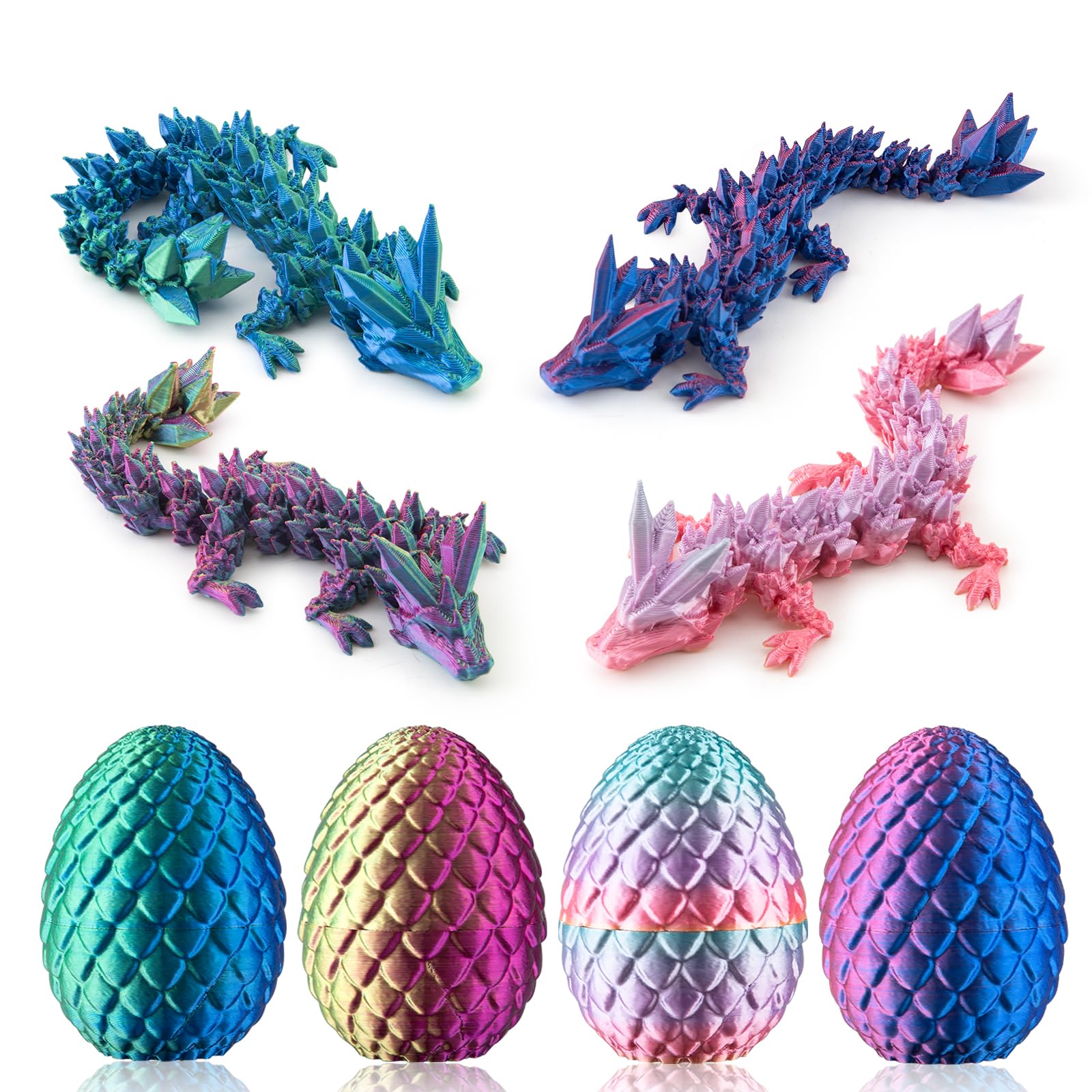 Dxldfks 4PCS 3D Printed Dragon with Egg, Small Articulated Crystal Dragons Eggs for Easter Basket Stuffers Home Office Decoration Executive Desk Toys, Pack of 4