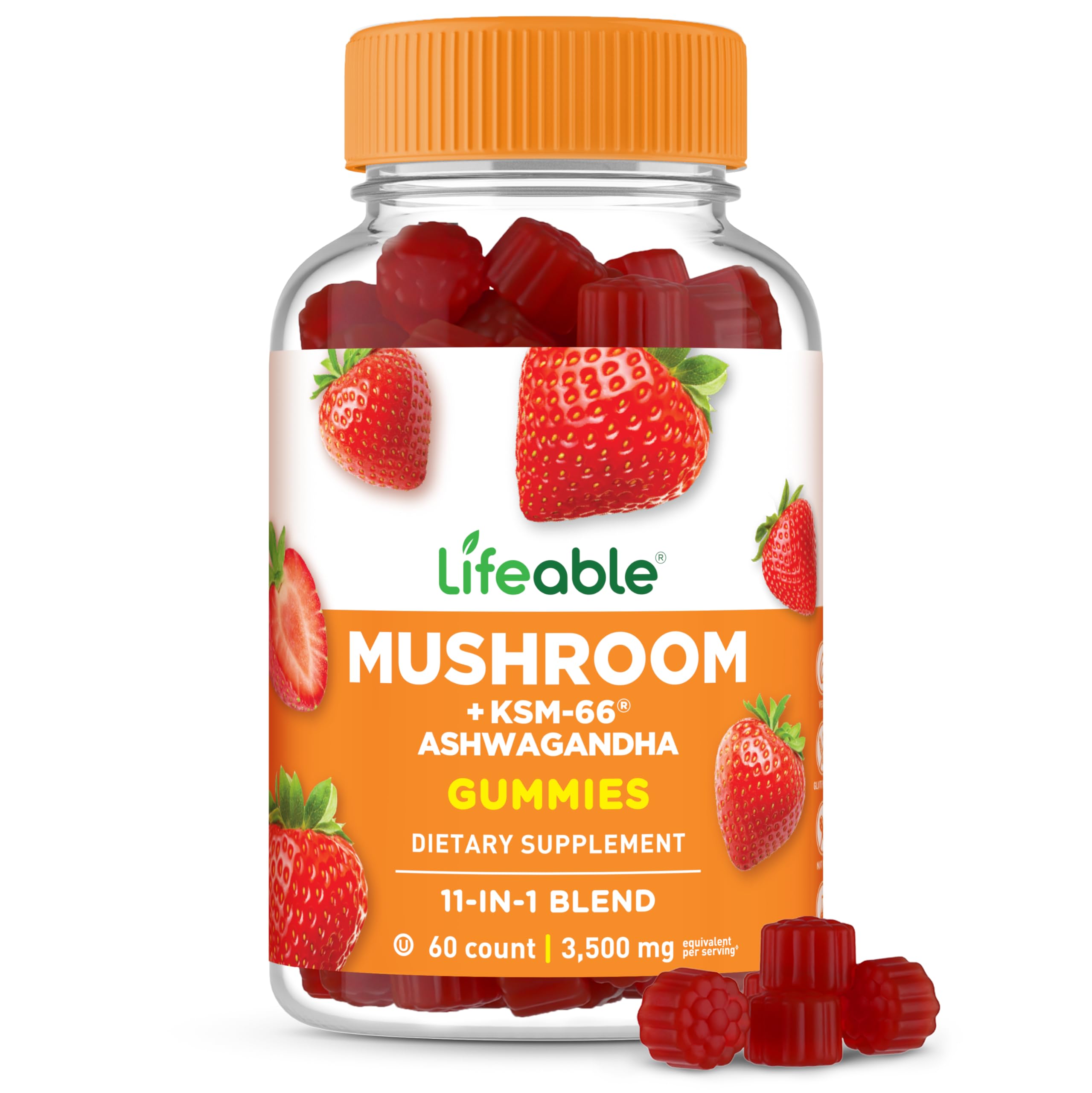 Lifeable 11-in-1 Mushroom Gummies for Adults, KSM-66 Ashwagandha, 60 Count