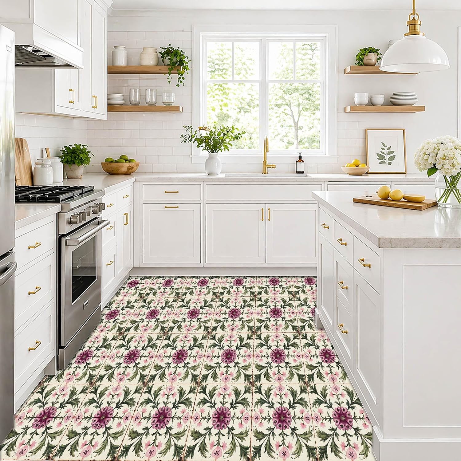 IVN 10PCS 12x12 Inch Vintage Peony Vine Pattern Peel and Stick Floor Tiles for Living Room Bedroom Bathroom Entryway Reading Nook Decor