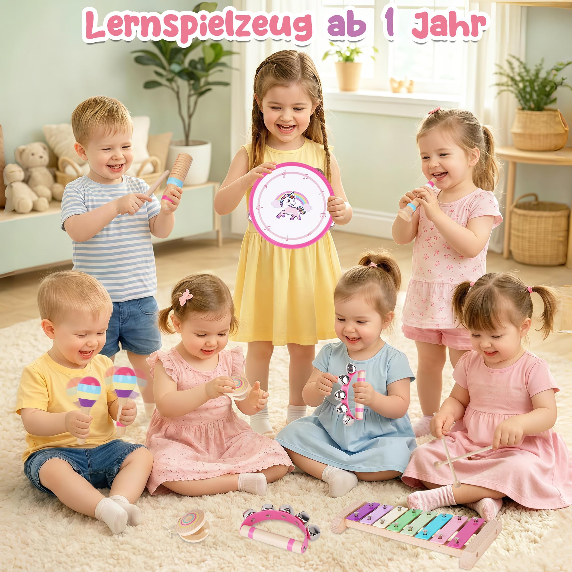 ATOYUS Montessori Musikinstrumente Spielzeug für Babys und Kinder ab 1 Jahr, Holz-Schlaginstrumente für 1-3 Jährige Mädchen mit Xylophon, Trommel, Geschenk zum 1. Geburtstag, zu Weihnachten und Ostern