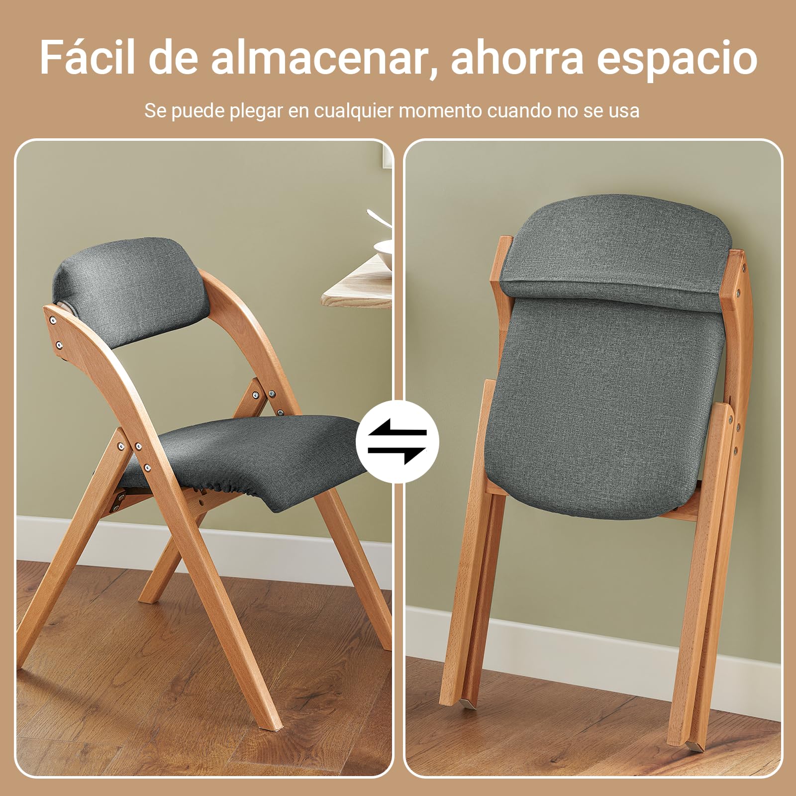 SoBuy Silla Plegable de Madera Acolchada, montada, 47,5x77x59cm, Cocina | Silla Plegable Interior ergonómica, compacta, funda extraíble/lavable, carga de 120 kg, comedor/balcón/oficina, FST92-SG