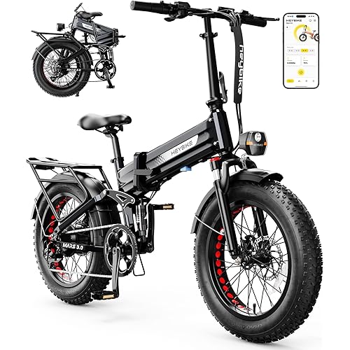 Heybike Mars 2.0/3.0 Foldable Electric Bike, UL2849 Certified, 70+Miles Long Range, 1400W/1800W Peak Motor 32MPH, 624WH Removable Battery, 20"*4 Fat Tire Ebike for Snow, Commute, Full Suspension
