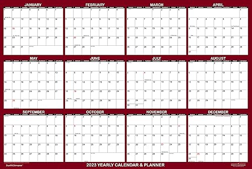 SwiftGlimpse - Calendario de pared 2023 borrable XL, borrado en húmedo y seco, laminado de 12 meses, calendario de pared anual, horizontal, granate