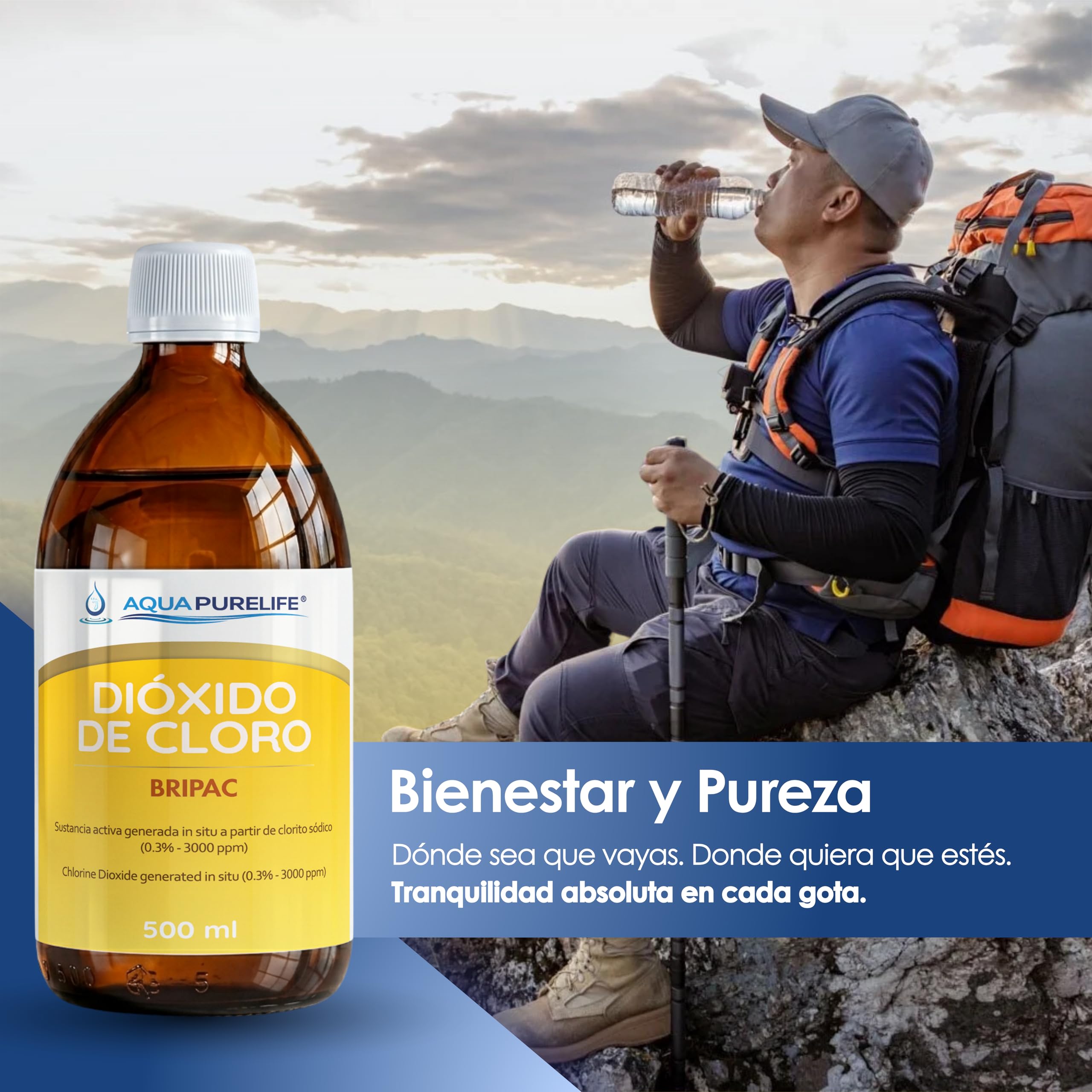 Dióxido de Cloro 500 ml - CDS 3000 ppm Solución Activada 0,3% - Formato Ahorro - Fabricante Directo - Botella Cristal Ámbar con Jeringa - Fabricado en España