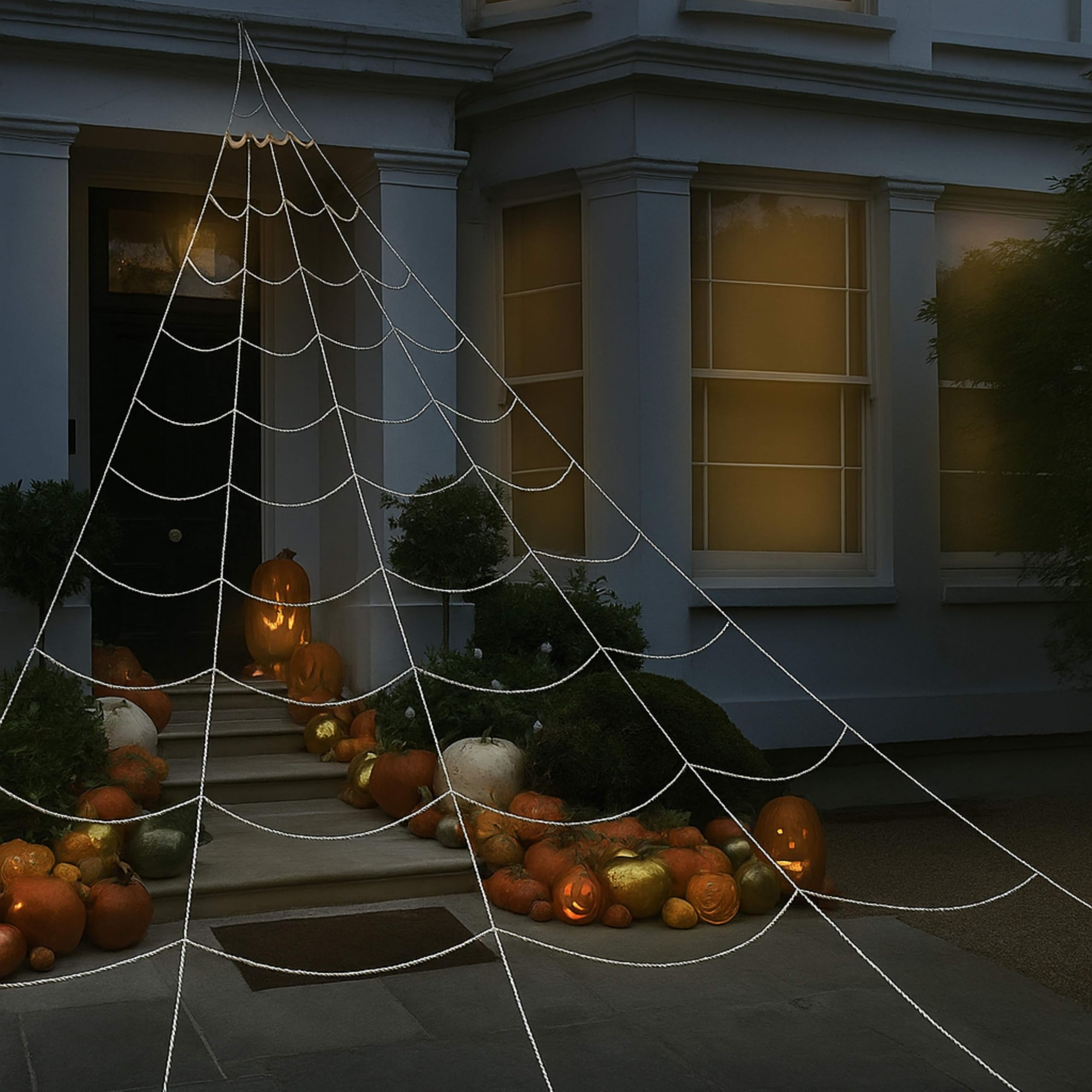 Adeptna White Halloween Giant Outdoor Spider Web 7M X 5.5M – Huge Scary Rope Web Decoration With Stakes & Hook – Yard, Garden & Outdoor Halloween Decorations For Haunted House & Trick Or Treat