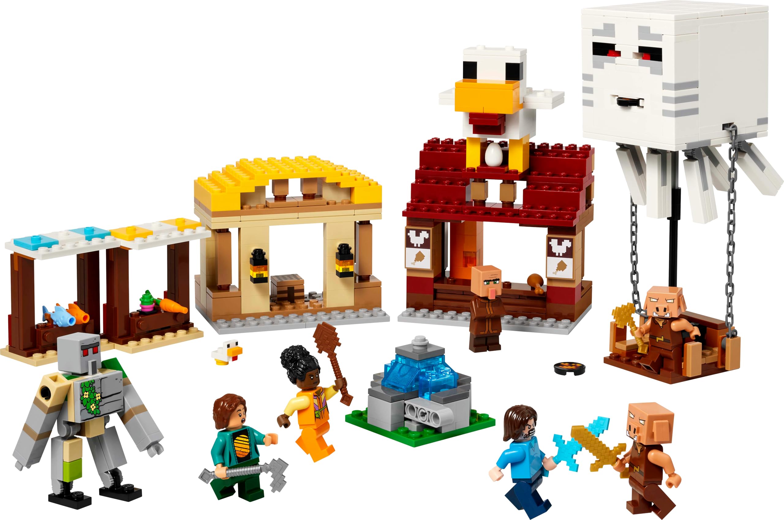 LEGO Minecraft El Ataque a la Aldea del Globo de Ghast - Casa de Steve de Juguete con 4 Minifiguras, Figura de Golem de Hierro y Función Dinamita - Regalo Gamer para Niños y Niñas de 10+ Años 21273