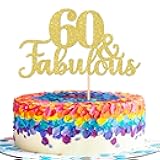 1 PCS 60 & Fabulous Cake Topper Gold Glitter 60th Birthday Anniversary Cake Pick Decoration for 60th Birthday Wedding Anniversary Party Decorations Happy 60th Birthday Cake Decorations Supplies