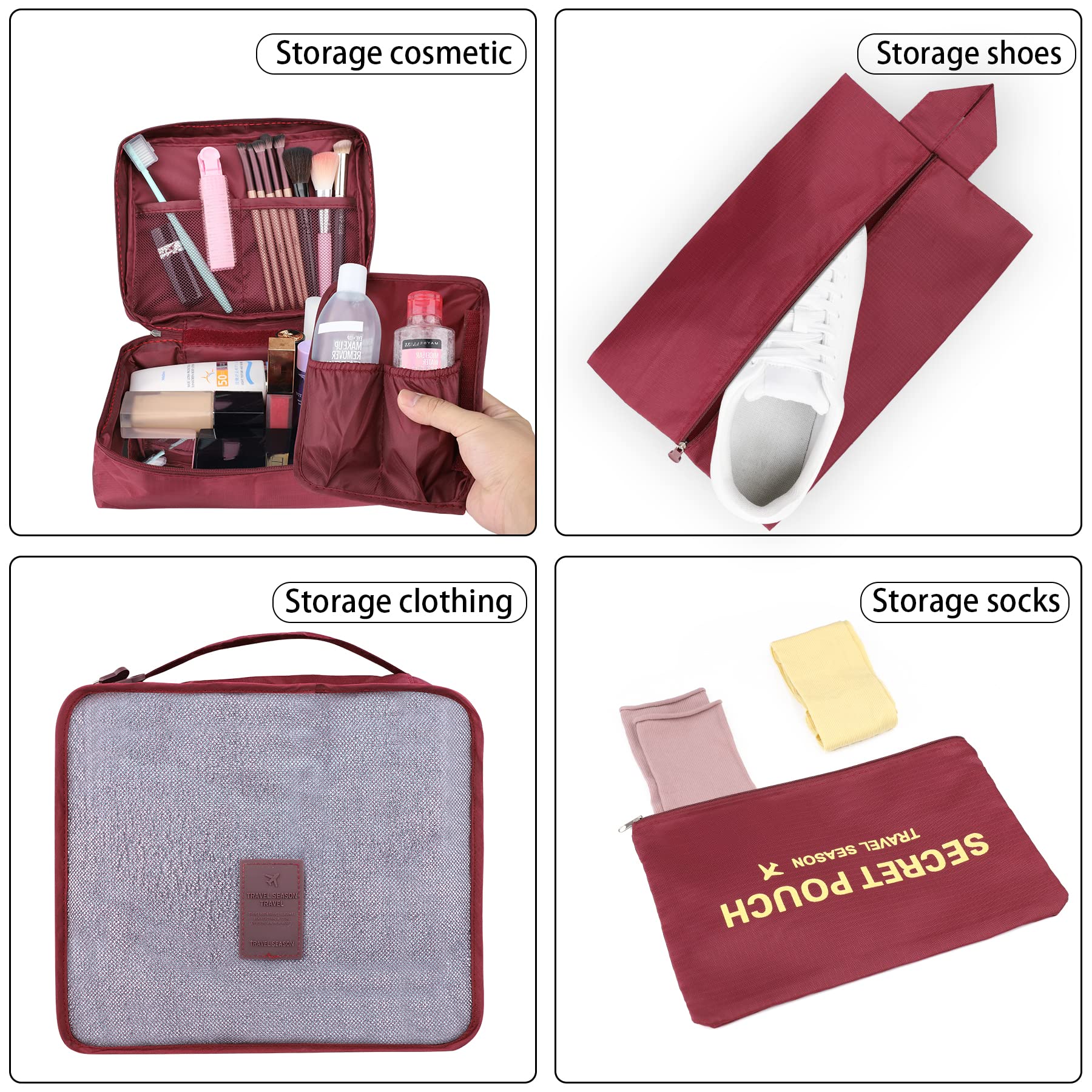 Coolzon Organizer Valigie Viaggio Set 8 Pezzi set, Cubi di Imballaggio Organizer Valigia Perfect Storage Travel Luggage Organizer per i vestiti,Cosmetici,Scarpe,Intimo, Rosso Scuro