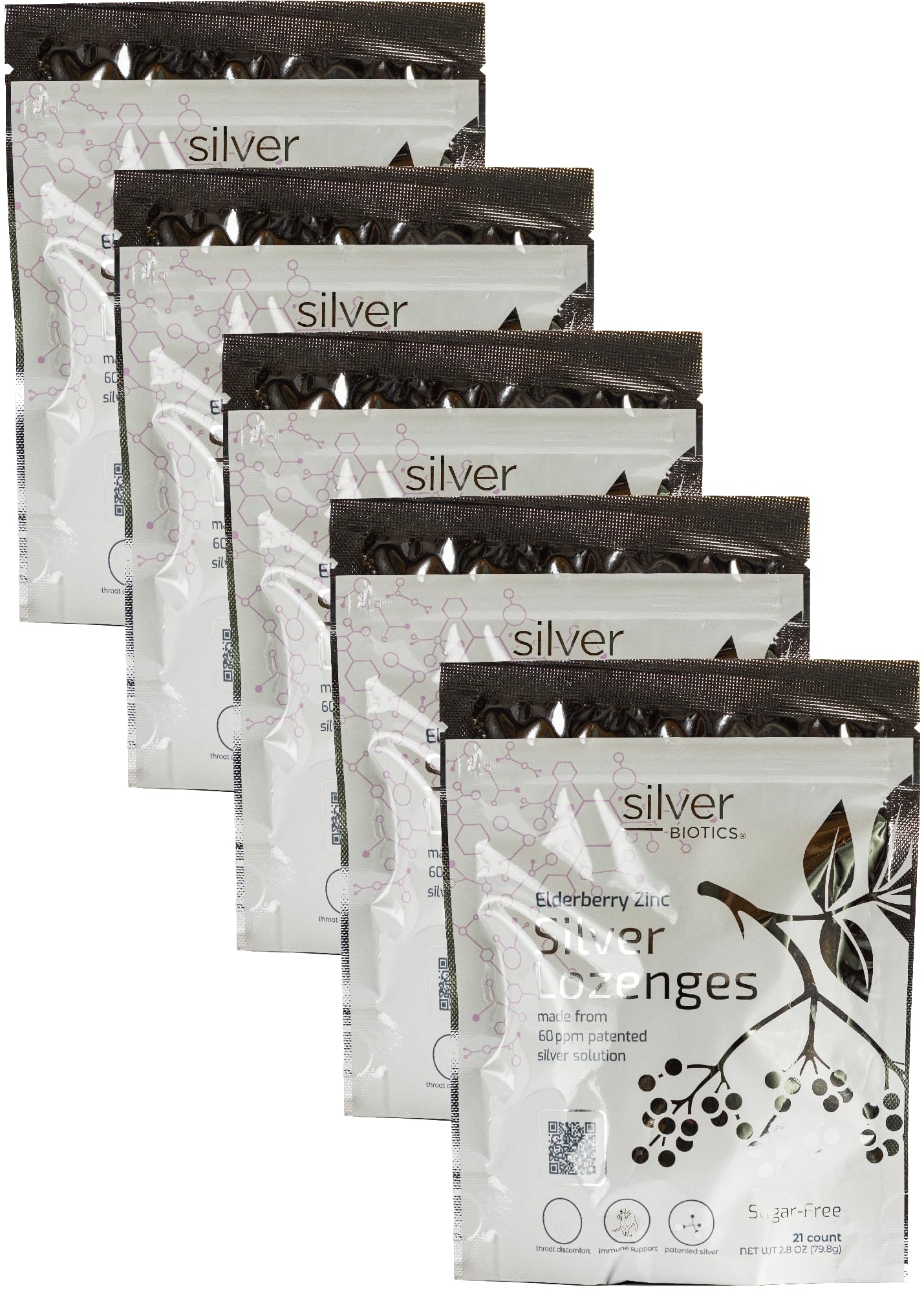 Generic Silver Biotics Sugar-Free Colloidal Silver Lozenges | 60 ppm SilverSol | Immune Support + Throat Soothing Comfort | Elderberry Zinc (21 Count X 5 Package Bundle)