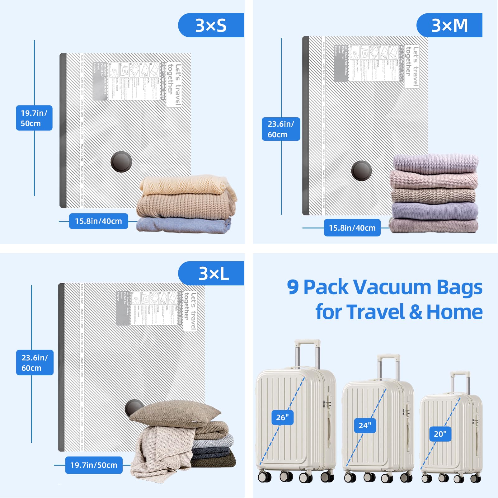Sac Sous Vide Voyage avec Pompe,AFAITH 9 Sacs Sous Vide (3 x 40x50cm, 3 x 40x60cm, 3 x 50x60cm) 1800 mAh Pompe, Ensemble de Sac Rangement de Voyage Sous Vide pour Voyager et Ranger Dans la Valise