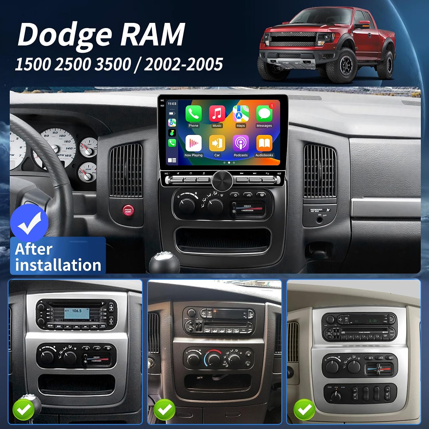 Car Radio for Dodge Ram 1500 2500 3500 2002 2003 2004 2005 Stereo Radio Upgraded Carplay Android Auto 10.1 Inches QLED Screen GPS Navigation FM/AM BT5.0 AHD Backup Camera