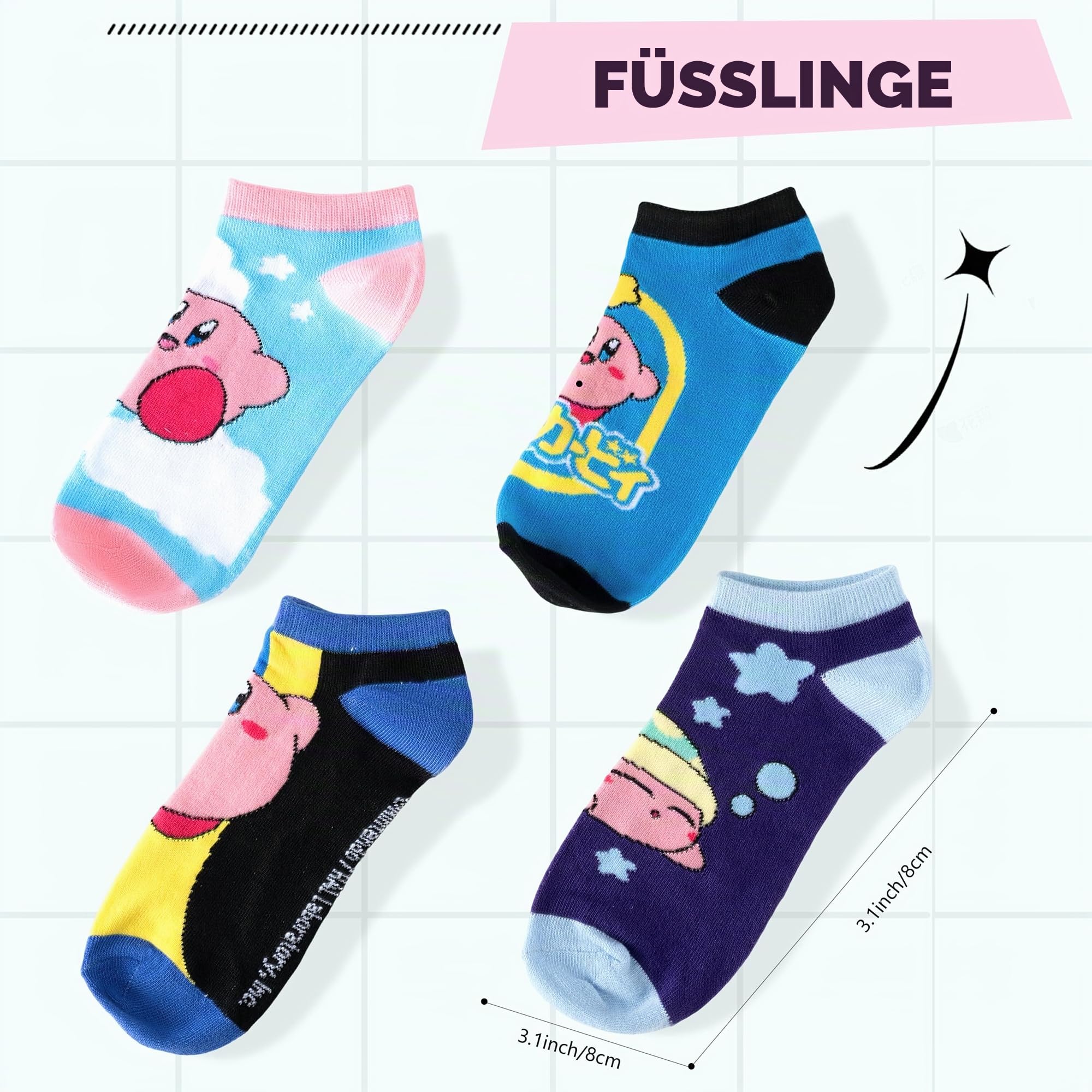 4 Paar Kirby Mädchen Baumwolle Crew Socken Frauen Anya Figuren gedruckte Knöchelsocken Set für Fans Geschenk