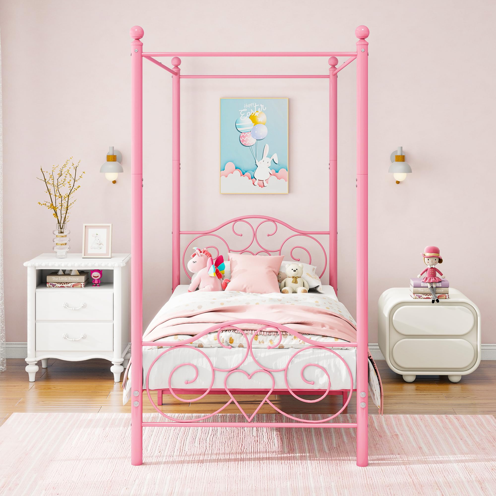 HAHRIR Single Canopy Bed Frame Platform with Vintage Headboard, Pink