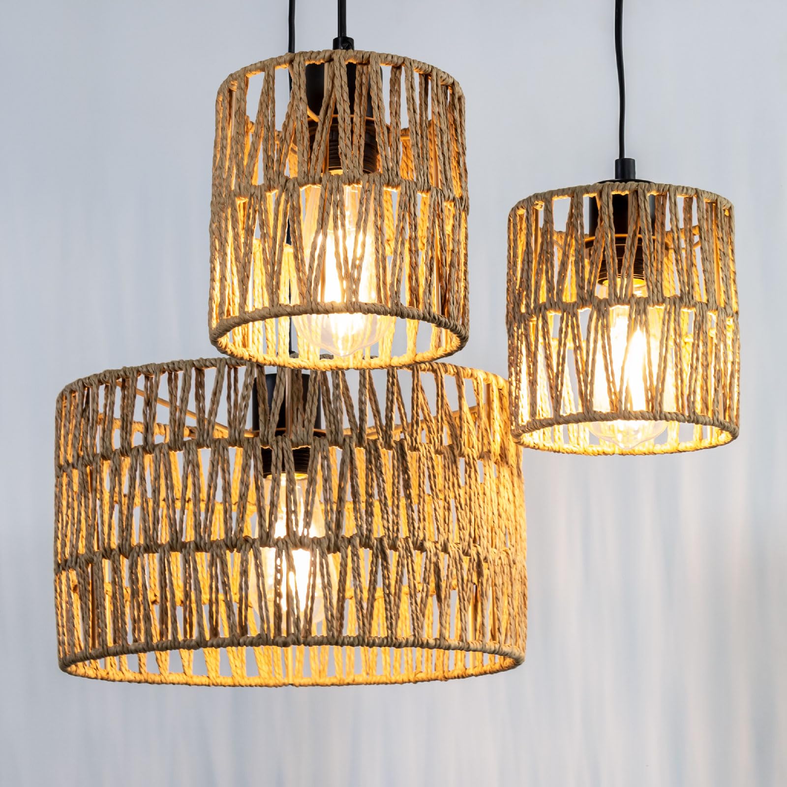 Set di paralumi decorativi/chic, 1 x 30 cm e 2 x 15 cm di altezza, design bohémien naturale e moderno per lampade da appendere e da tavolo (modello ustikal A)