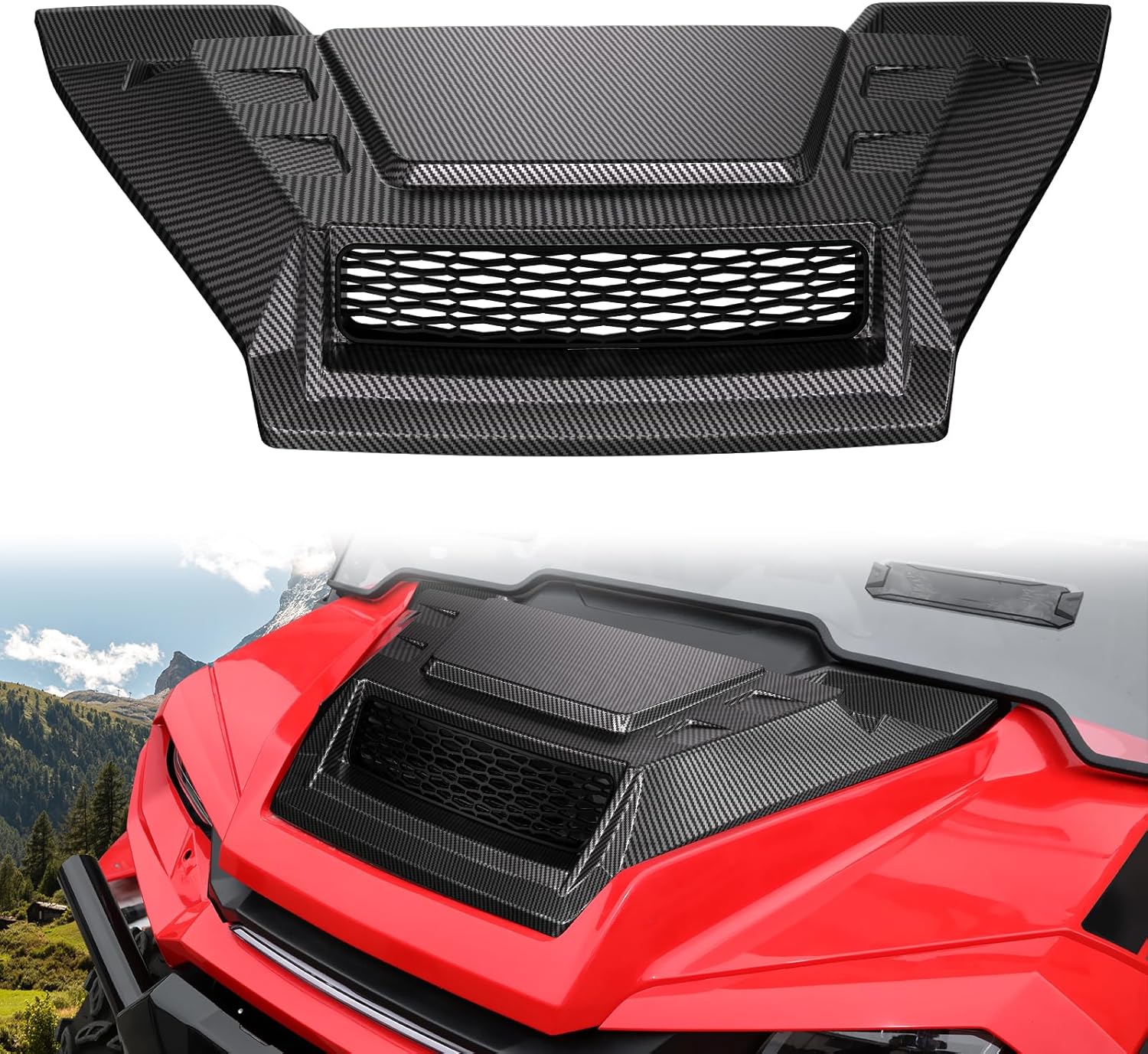 Sport Hood Scoop with Mesh for Honda Pioneer 1000 16-25, PP Material Carbon Fiber Pattern Front Hood Cover with Grill Vents Sleek Mesh Ventilation Hood Scoop for Honda Pioneer 1000 2016-2025