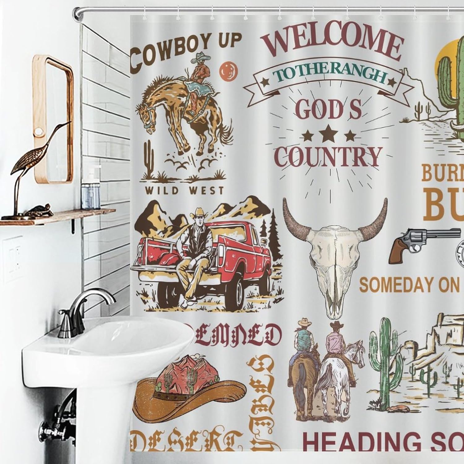 Cowboy Shower Curtain,Rustic Western Cowboy Riding Horse Cactus Truck Skulls on Wild West Desrt Bathroom Polyester Cloth Fabric Home Decor Set 66x72Inch（168x183cm）