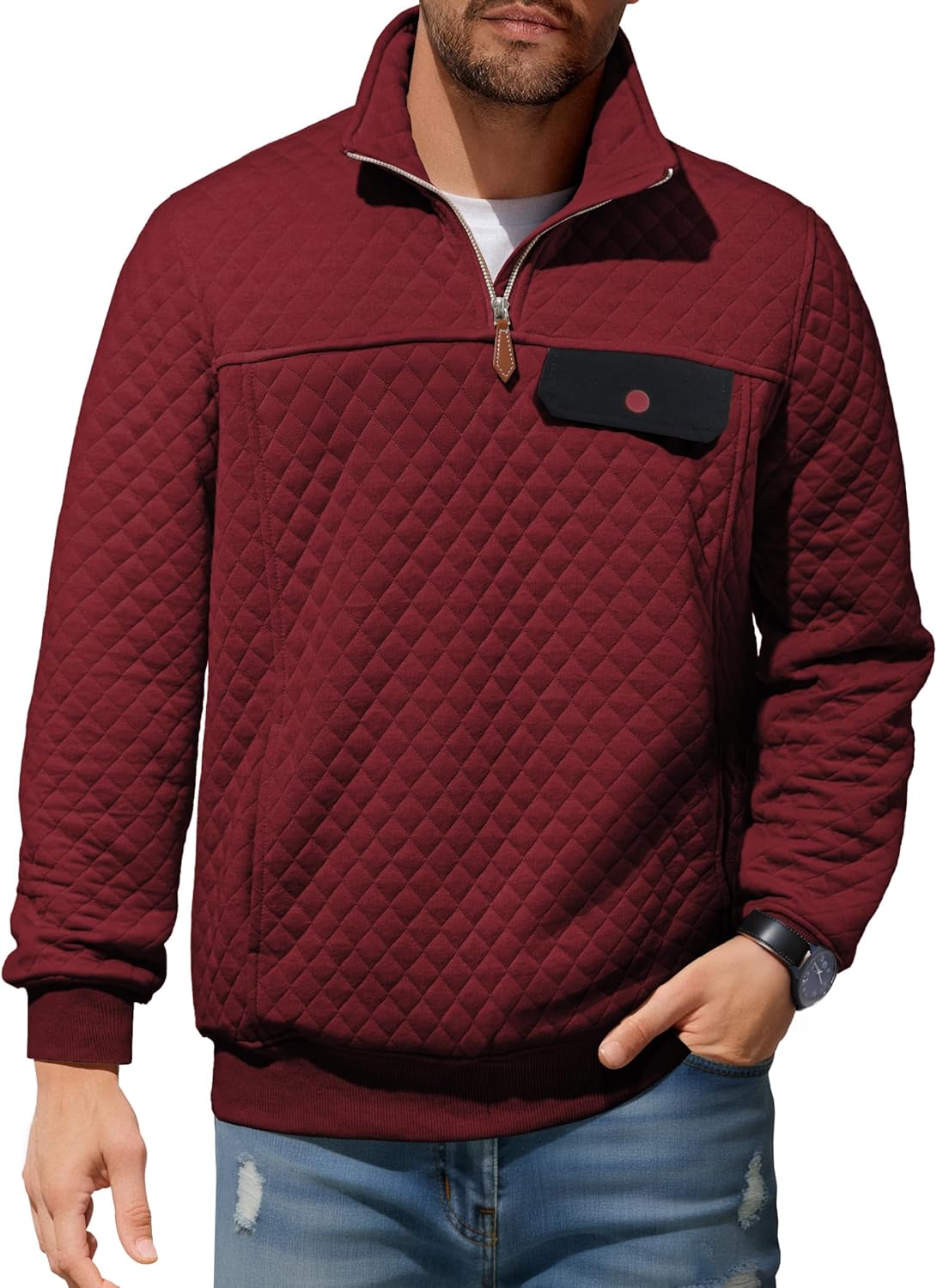 JMIERR Men's Quilted Sweatshirt Casual Long Sleeve Outdoor Stand Collar Quarter-Zip Pullover Sweatshirts