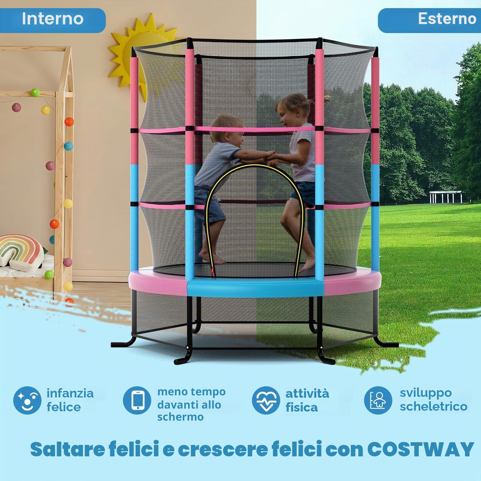 FANTASK Trampolino con rete di sicurezza, trampolino da giardino fino a 135 kg, diametro 165 cm, per interni ed esterni, per bambini dai 3 anni in su