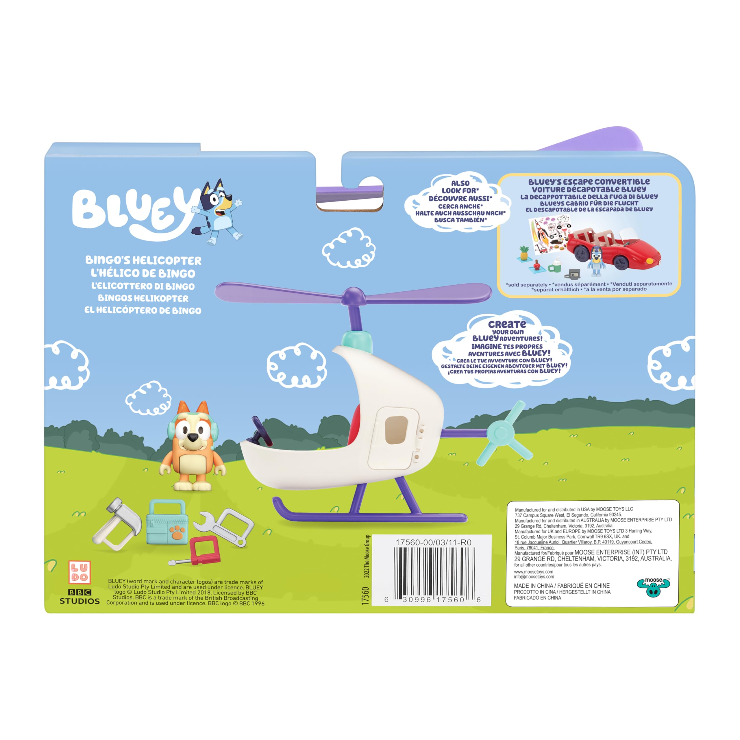 Bluey Pojazd i figurki Bingo, zabawkowy helikopter do zabawy, helikopter dla malucha z figurką bingo i zestawem narzędzi, zabawki samochodowe dla dzieci w wieku od 3 lat