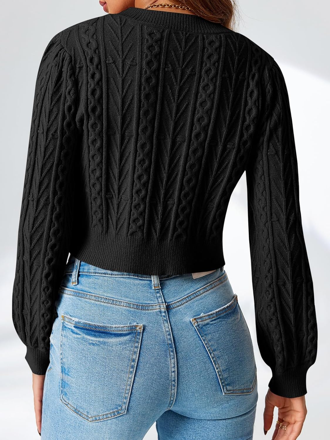 Saodimallsu Womens Cropped Cable Knit Cardigan Sweaters Long Sleeve Bow Tie Front Crew Neck Chunky Sweater Tops - Image 5