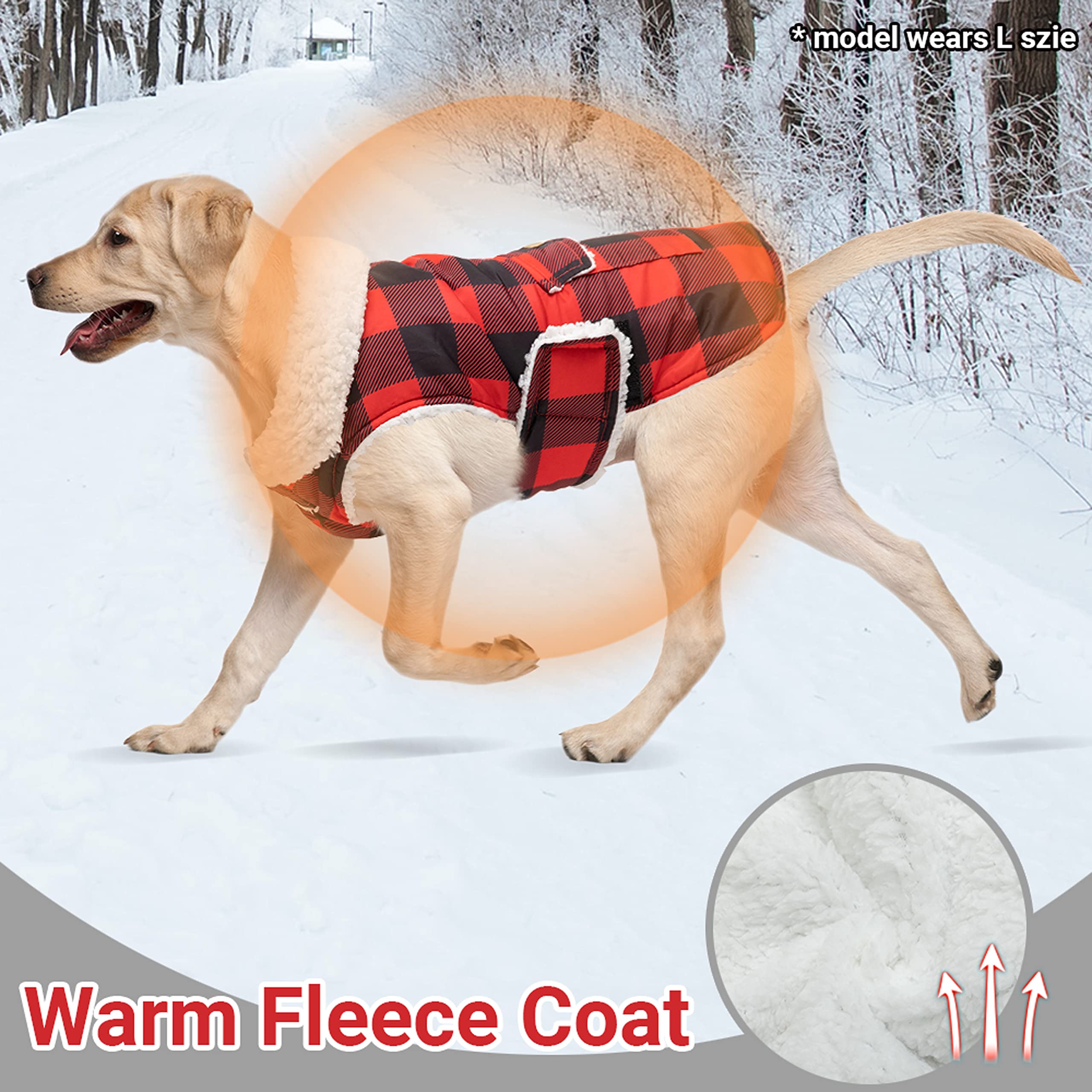 Chaqueta de invierno para perro, abrigo grueso y cálido de forro polar resistente al viento para nieve, clima frío, chaleco a cuadros con anillo en D para perros pequeños, medianos y grandes