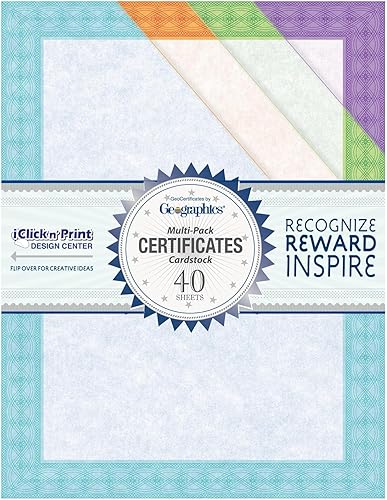 Geographics Surtido de papel de premio de diploma en blanco con borde decorativo, tarjeta pesada de 60 libras, 8.5 x 11 pulgadas, paquete de 40