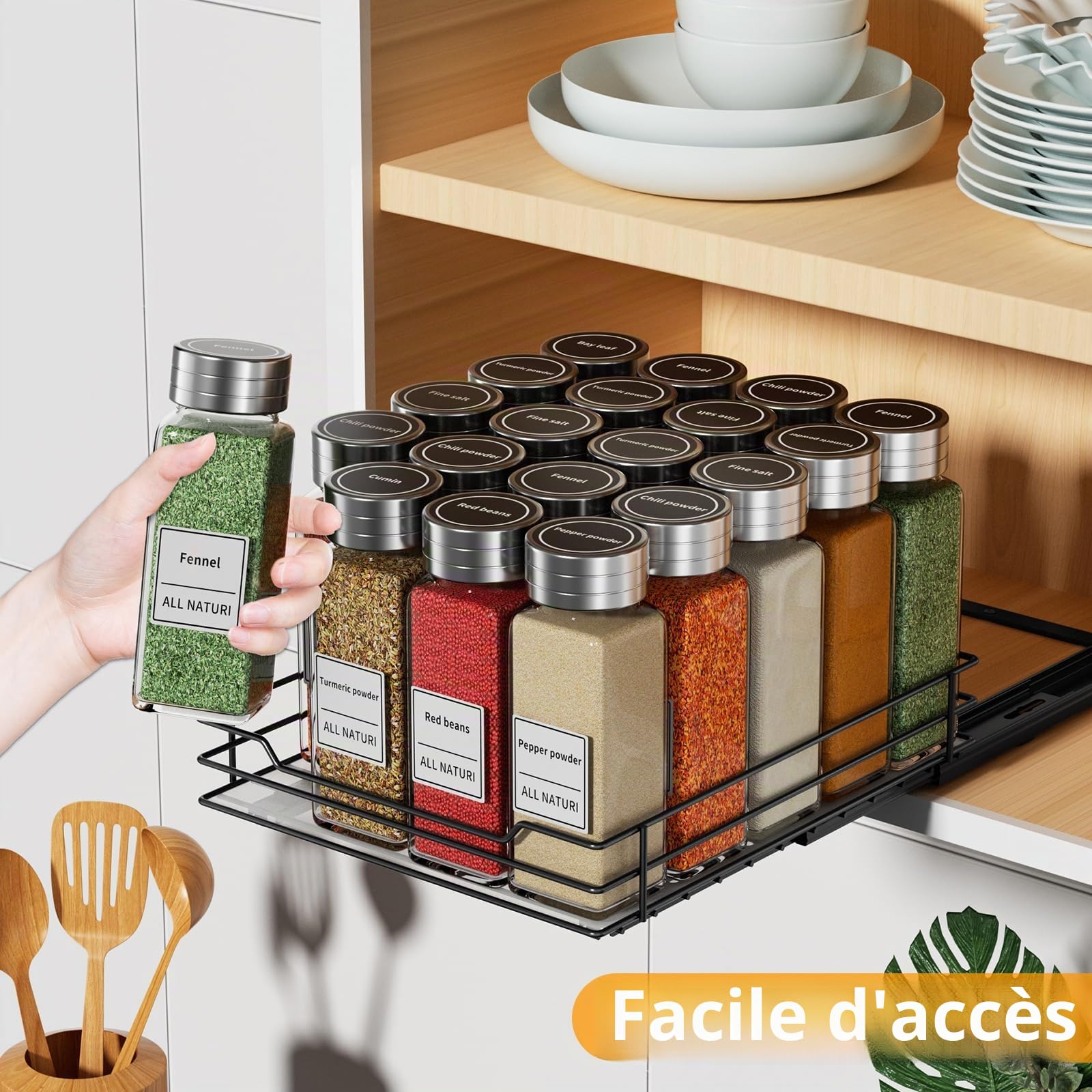 RCHYFEED Étagère à épices coulissante, organisation à épices coulissante pour l'intérieur des armoires, robuste, pour cuisine et garde-manger, sauces, 1 niveau, 21,6 x 26,4 x 6,3 cm (l x P x H)